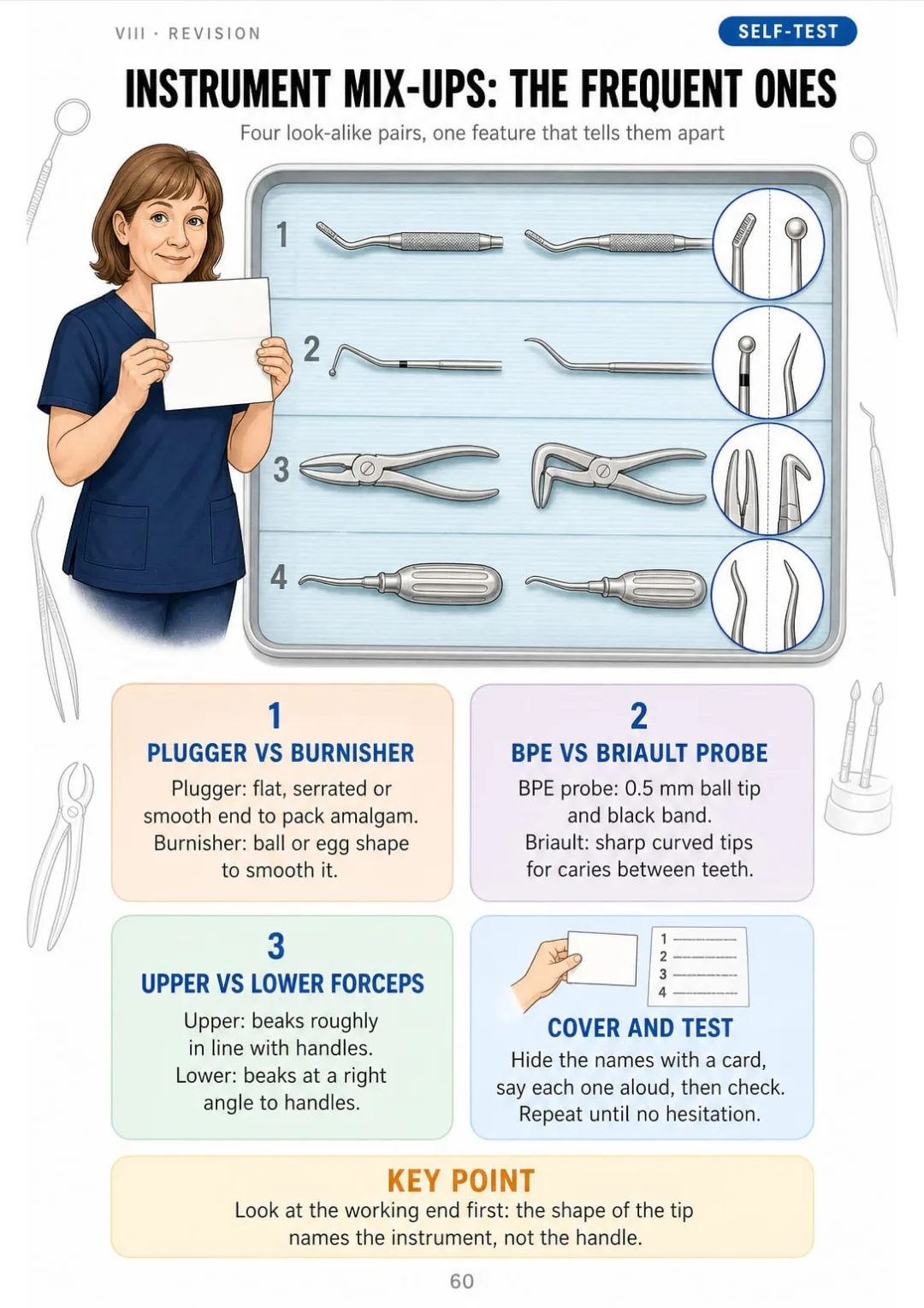 Plugger vs burnisher, BPE vs Briault, upper vs lower forceps: one feature each.
