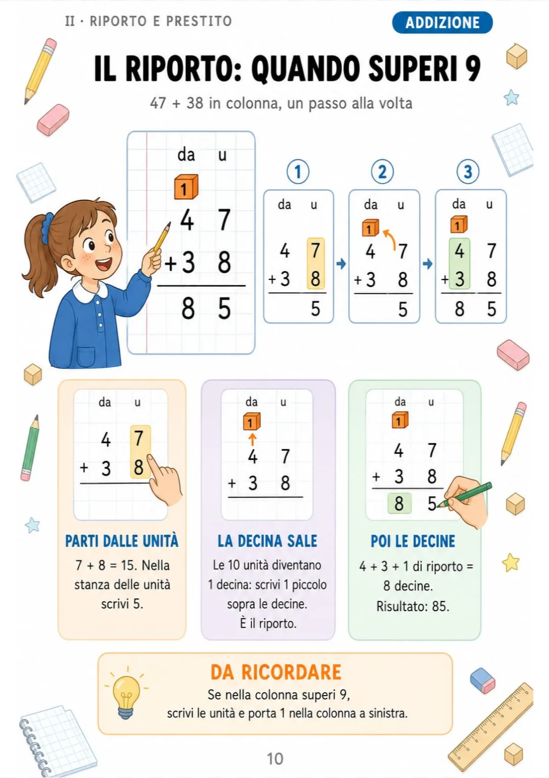 47 + 38: 7 + 8 = 15, scrivi 5 e porta 1. Risultato 85.