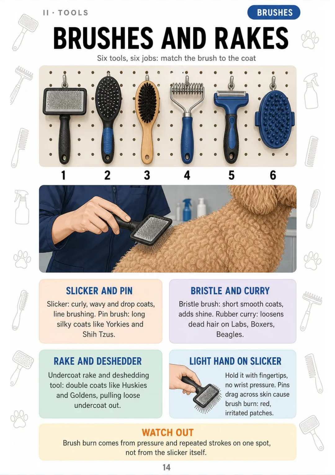 Slicker, pin, bristle, rake, deshedder, curry: which coat each one is for