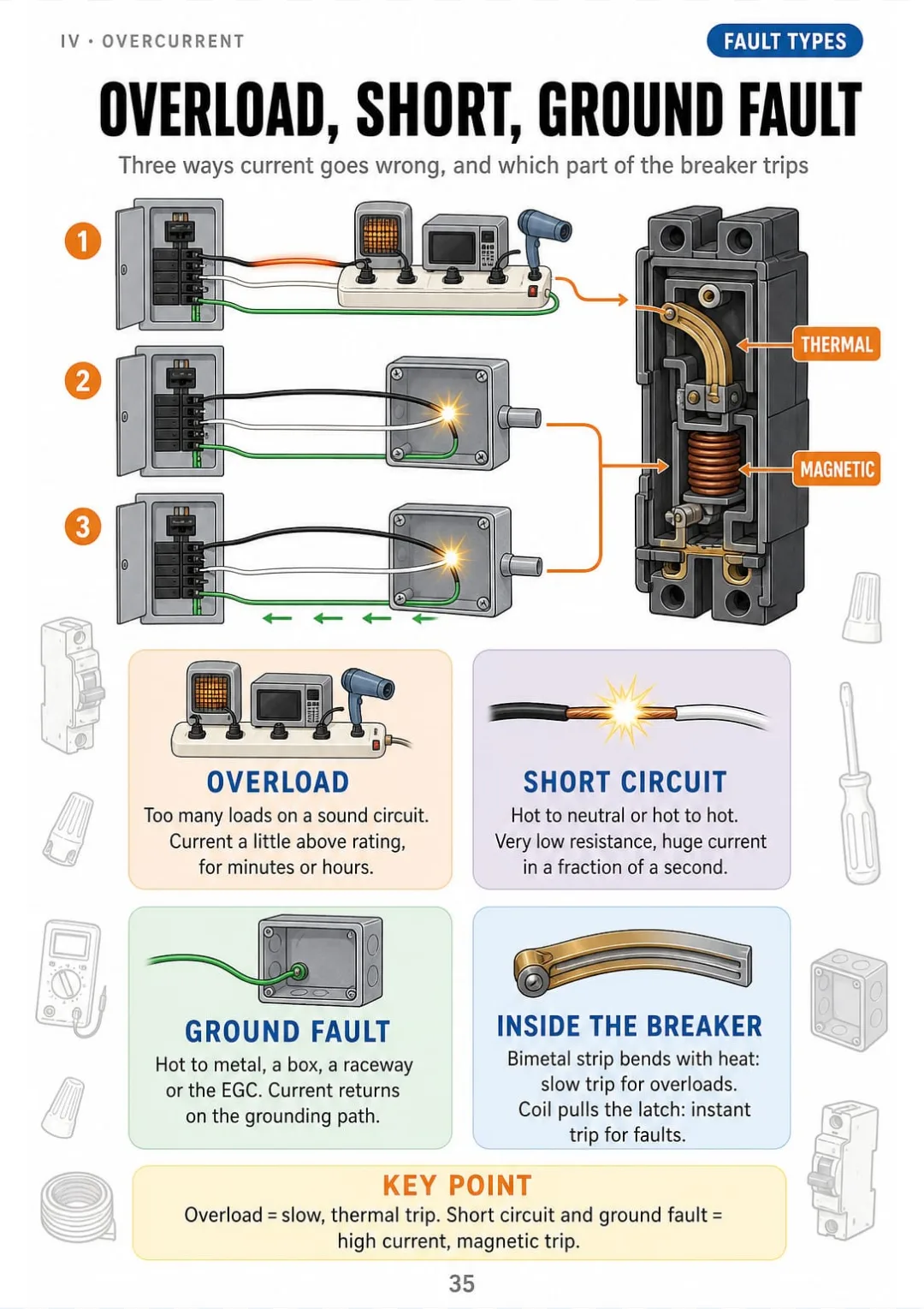 Overload trips the thermal element; shorts and ground faults trip the magnetic coil.
