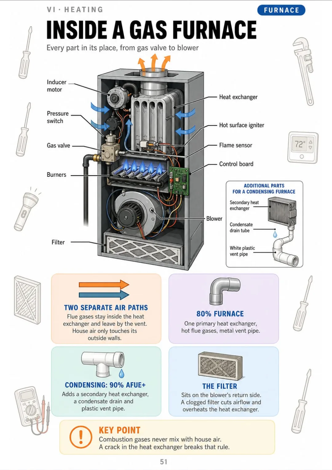 Gas furnace in cutaway: 10 parts labeled, plus what a 90% condensing furnace adds.