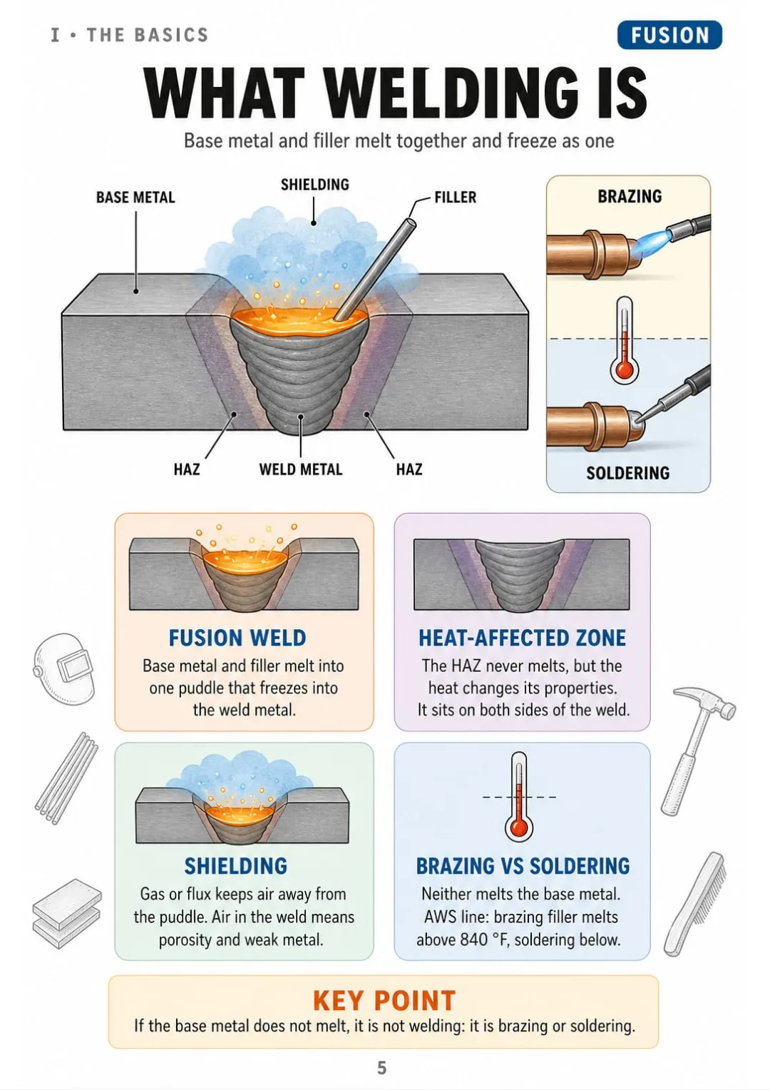 Weld metal, HAZ and shielding in one cross-section, plus the 840 °F brazing line