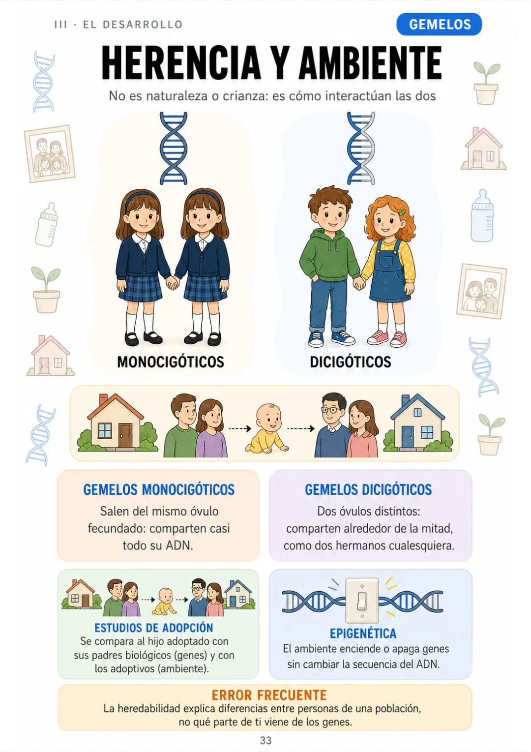 Monocigóticos: casi todo el ADN. Dicigóticos: alrededor de la mitad.