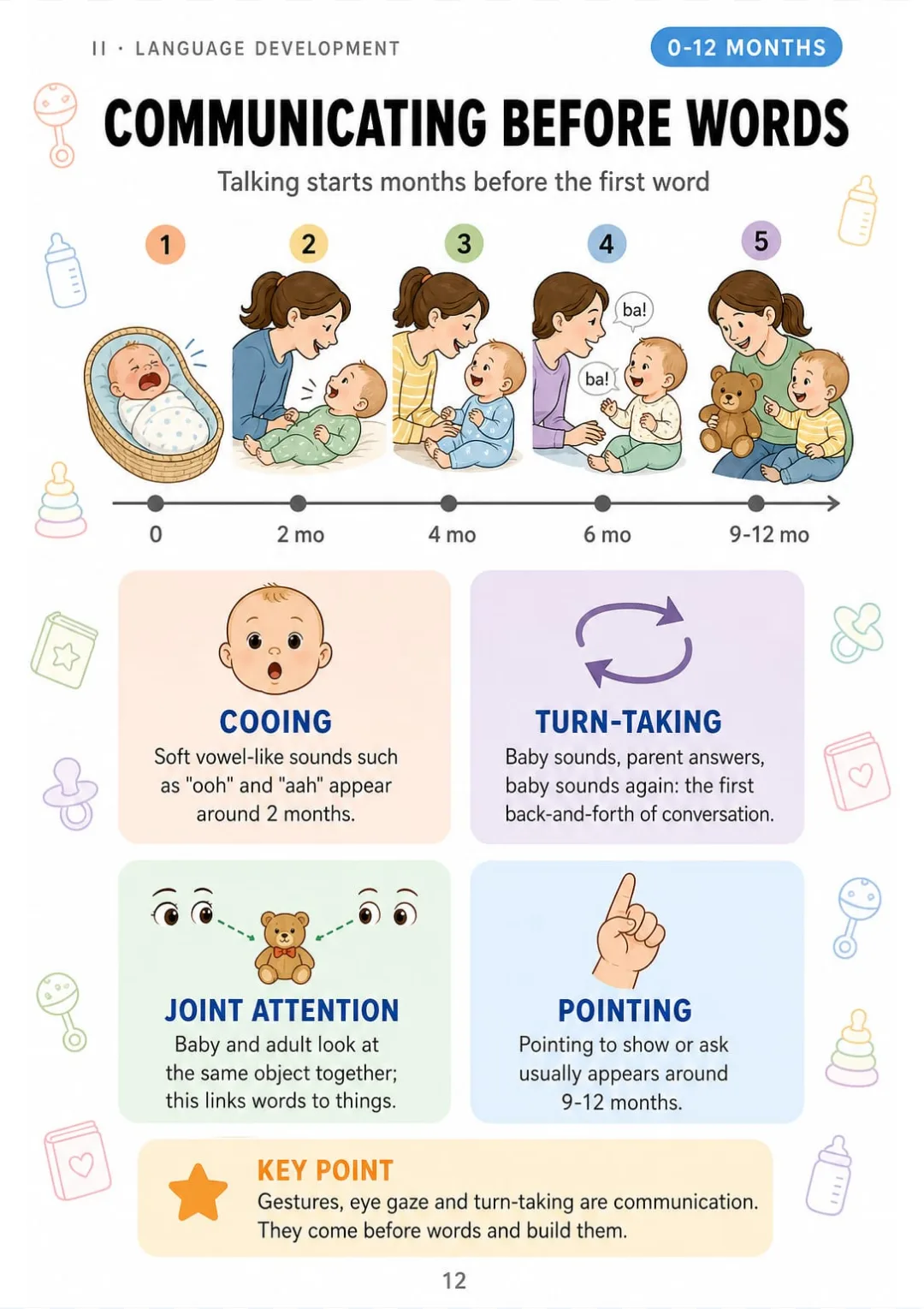 Cooing around 2 months, pointing around 9-12 months: the five stops before the first word.