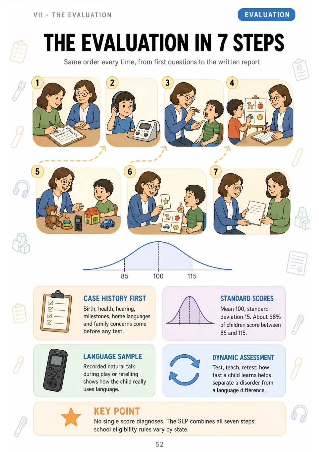 Case history, hearing, oral mechanism, tests (mean 100, SD 15), sample, dynamic assessment, report.