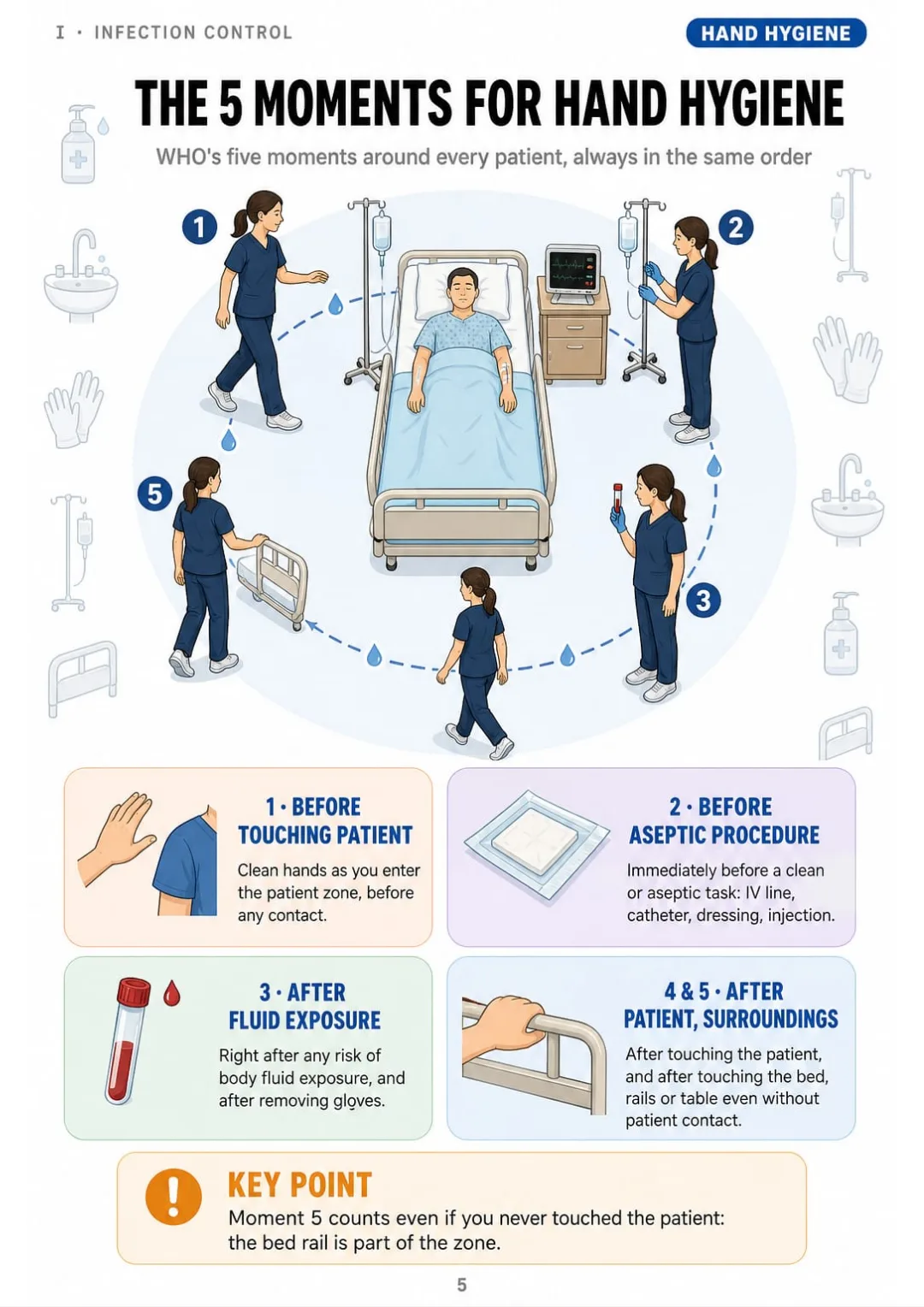 WHO's 5 Moments: before patient, before aseptic task, after fluids, after patient, after surroundings.