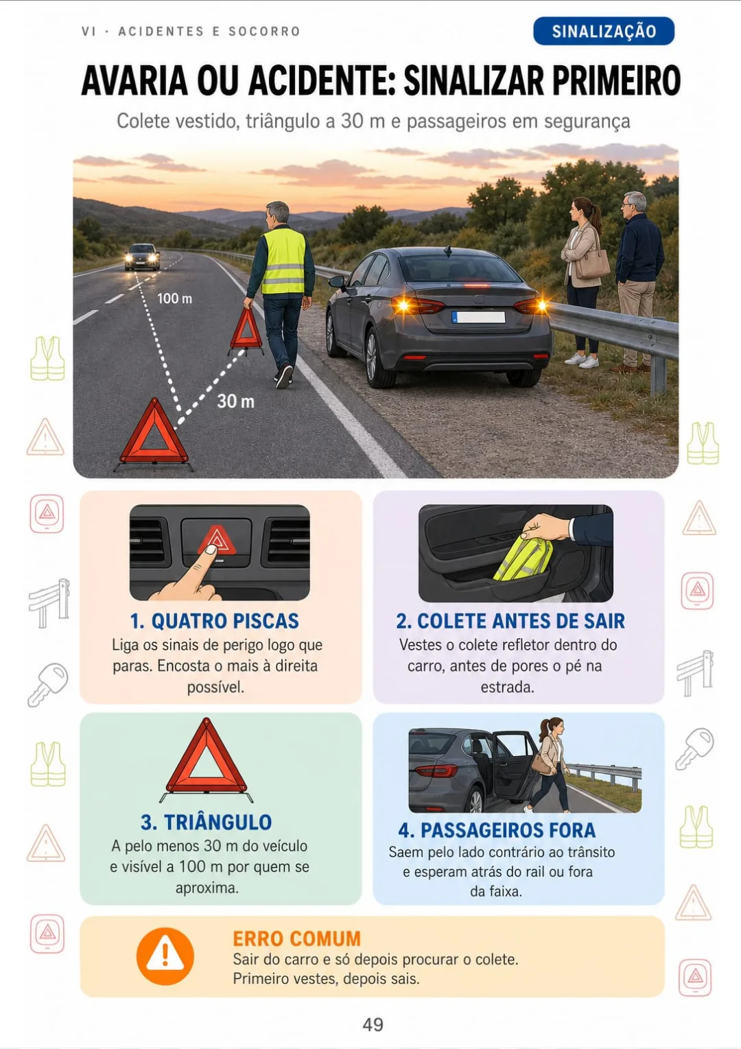 Triângulo a pelo menos 30 m, visível a 100 m, e colete vestido antes de sair.